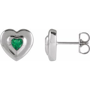 Sterling Silver 4 mm Heart Lab-Grown Emerald Stud Earrings
