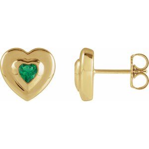 14K Yellow Gold 4 mm Heart Lab-Grown Emerald Stud Earrings