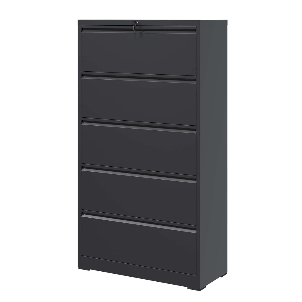 Modern Black 5-Drawer Steel Lateral File Cabinet with Lock for Legal/Letter/A4/F4 Files