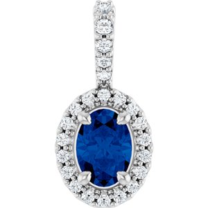 14K White Gold Lab-Grown Blue Sapphire & 1/5 CTW Natural Diamond Halo-Style Pendant