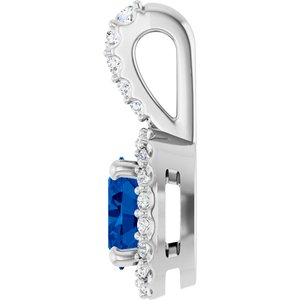 14K White Gold Lab-Grown Blue Sapphire & 1/5 CTW Natural Diamond Halo-Style Pendant