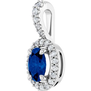 14K White Gold Lab-Grown Blue Sapphire & 1/5 CTW Natural Diamond Halo-Style Pendant