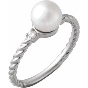 14K White Gold Cultured White Akoya Pearl & .06 CTW Natural Diamond Rope Ring