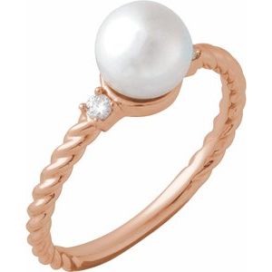 14K Rose Gold Cultured White Akoya Pearl & .06 CTW Natural Diamond Rope Ring