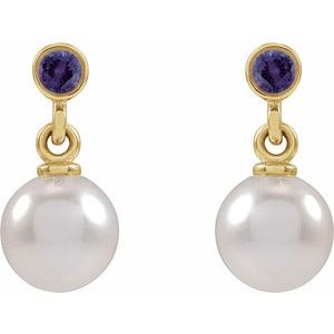 14K Yellow Gold Cultured White Akoya Pearl & Lab-Grown Purple Sapphire Earrings