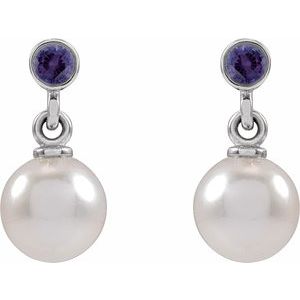Platinum Cultured White Akoya Pearl & Lab-Grown Purple Sapphire Earrings