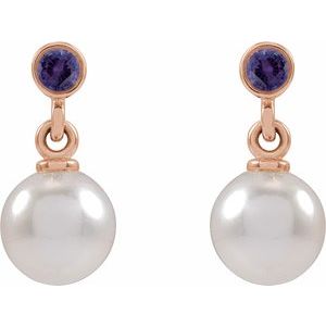 14K Rose Gold Cultured White Akoya Pearl & Lab-Grown Purple Sapphire Earrings