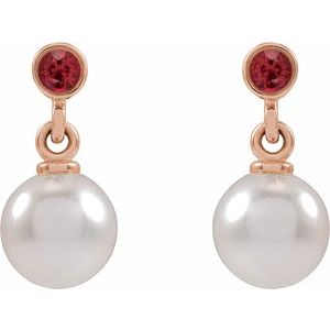 14K Rose Gold Cultured White Akoya Pearl & Lab-Grown Ruby Earrings