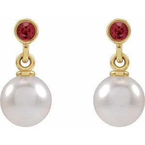 14K Yellow Gold Cultured White Akoya Pearl & Lab-Grown Ruby Earrings