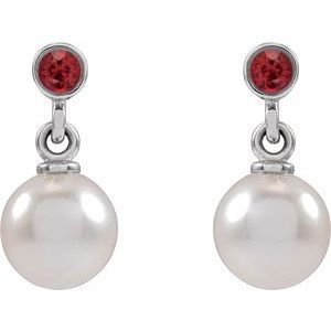 Sterling Silver Cultured White Akoya Pearl & Lab-Grown Ruby Earrings