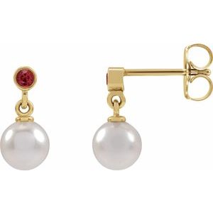 14K Yellow Gold Cultured White Akoya Pearl & Lab-Grown Ruby Earrings