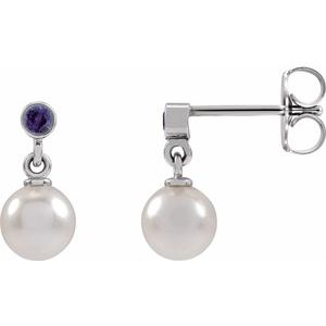 Sterling Silver Cultured White Akoya Pearl & Lab-Grown Purple Sapphire Earrings
