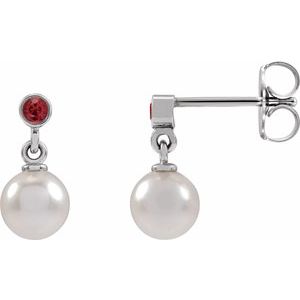 Platinum Cultured White Akoya Pearl & Lab-Grown Ruby Earrings