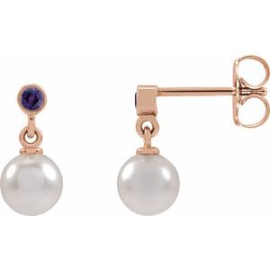 14K Rose Gold Cultured White Akoya Pearl & Lab-Grown Purple Sapphire Earrings