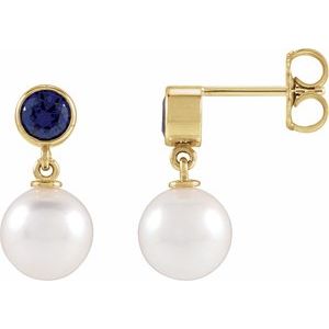 14K Yellow Gold Cultured White Akoya Pearl & Lab-Grown Blue Sapphire Earrings
