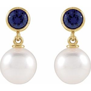14K Yellow Gold Cultured White Akoya Pearl & Lab-Grown Blue Sapphire Earrings
