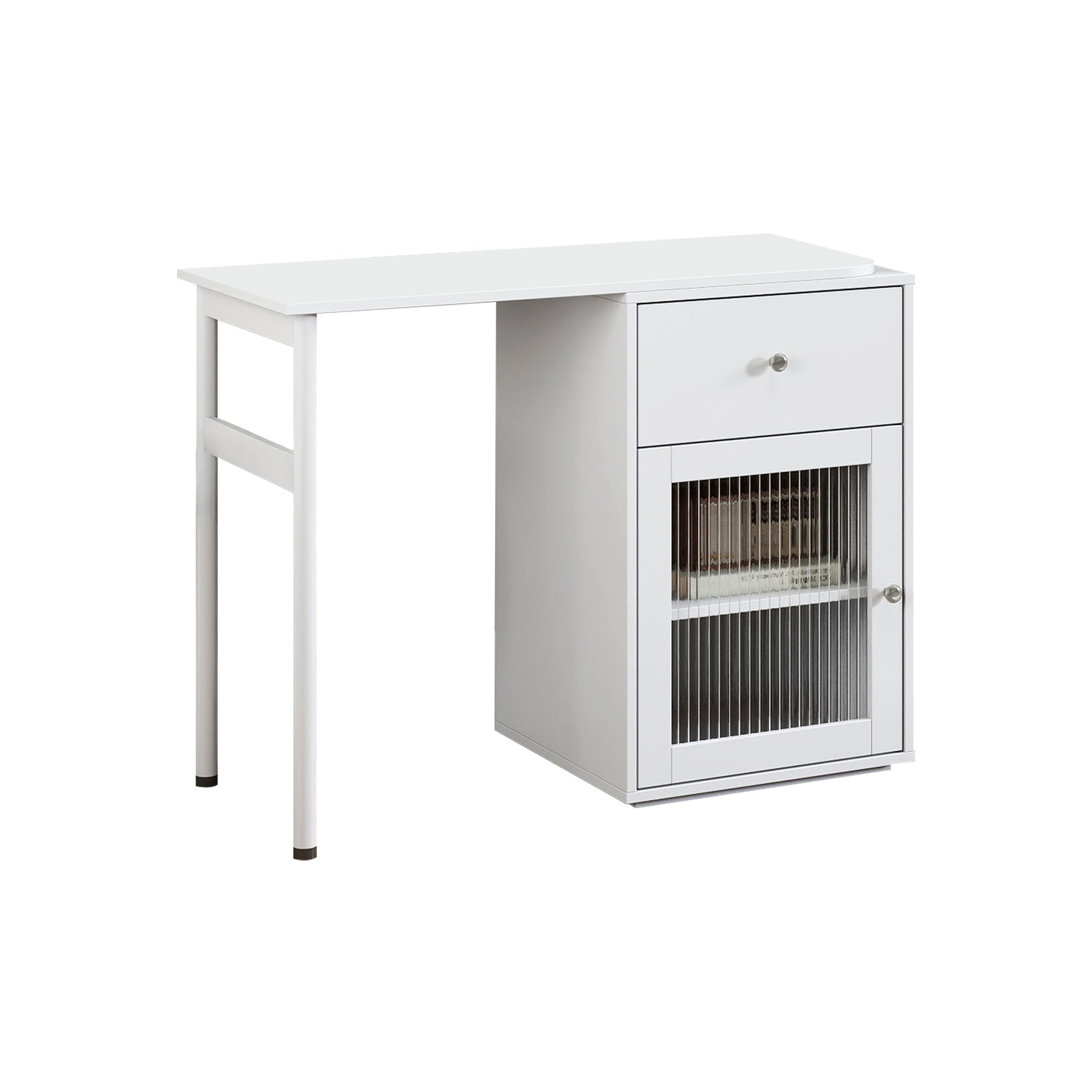 Computer Desk with glass door for Home Office or Study desk,  Bookshelf & Hutch, Computer Desk with 90 Degree Rotating Desktop,Large Working Space