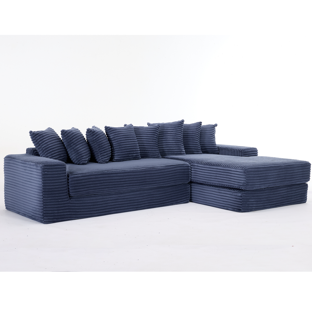 [NEW ARRIVED] [VIDEO PROVIDED] Oversize Cloud Sectional Couch, L-Shape Sofa, Convertible Floor Sleeper Sofa Bed, No Assembly ,Eight pillows,3-in-1,Magazine bag,(Right Facing Sofa),3 Seat,Corduroy,Blue
