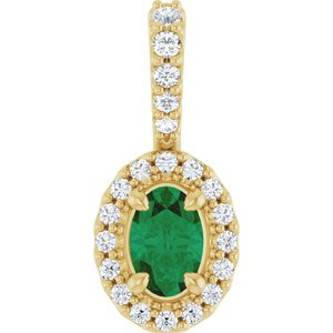 14K Yellow Gold Lab-Grown Emerald & 1/6 CTW Natural Diamond Halo-Style Pendant