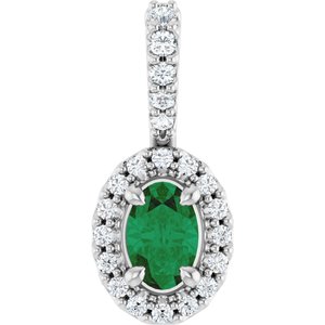 Sterling Silver Lab-Grown Emerald & 1/6 CTW Natural Diamond Halo-Style Pendant