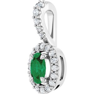 14K White Gold Lab-Grown Emerald & 1/6 CTW Natural Diamond Halo-Style Pendant