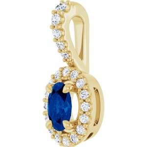 14K Yellow Gold Lab-Grown Blue Sapphire & 1/6 CTW Natural Diamond Halo-Style Pendant