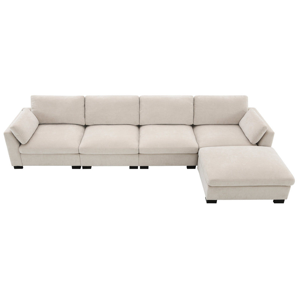 [VIDEO]130' Modular Sectional Sofa, L-Shape with Folding Table and Dual-Port Charging, Side Storage Pockets, 2 Armrest Pillows, Free Movement Ottoman, High Density Foam, Chenille, 5 Seat, 2 Colors