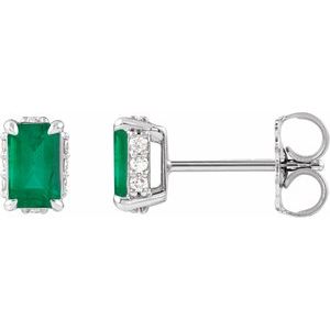14K White Gold Lab-Grown Emerald & .06 CTW Natural Diamond Stud Earrings