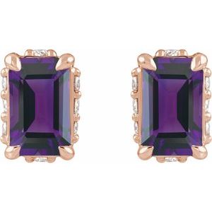 14K Rose Gold Natural Amethyst & .06 CTW Natural Diamond Stud Earrings – image 2