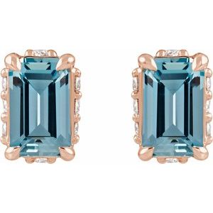 14K Rose Gold Natural Aquamarine & .06 CTW Natural Diamond Stud Earrings