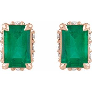 14K Rose Gold Lab-Grown Emerald & .06 CTW Natural Diamond Stud Earrings