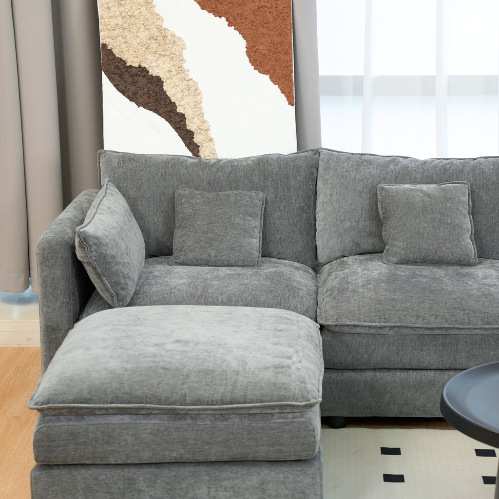 U Shaped Sectional Cloud Couch for Living Room,144' Comfy Fluffy Modular Sofa with Movable Ottoman Modern Chenille 6 Seat Sectional Sofa Set with Console, Cup Holders, Grey