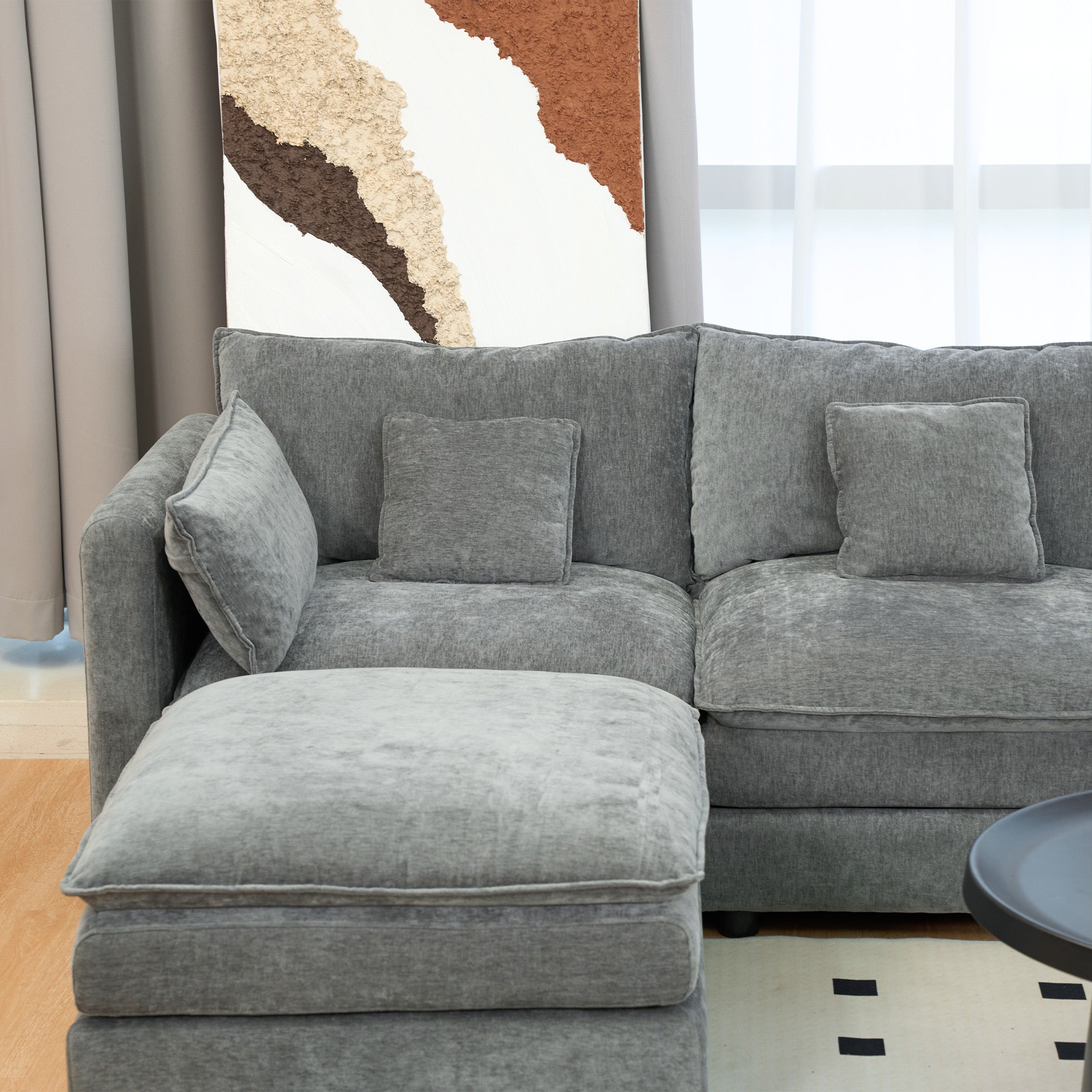 U Shaped Sectional Cloud Couch for Living Room,144' Comfy Fluffy Modular Sofa with Movable Ottoman Modern Chenille 6 Seat Sectional Sofa Set with Console, Cup Holders, Grey