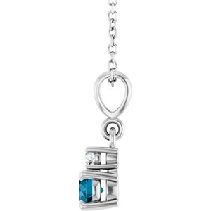 14K White Gold Natural London Blue Topaz & .03 CT Natural Diamond 16-18" Necklace