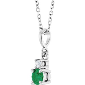 14K White Gold Lab-Grown Emerald & .03 CT Natural Diamond 16-18" Necklace