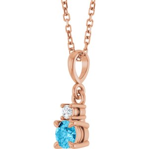 14K Rose Gold Natural Aquamarine & .03 CT Natural Diamond 16-18" Necklace