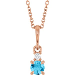 14K Rose Gold Natural Aquamarine & .03 CT Natural Diamond 16-18" Necklace
