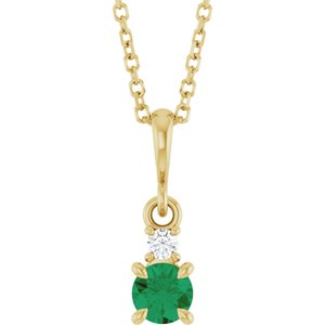 14K Yellow Gold Lab-Grown Emerald & .03 CT Natural Diamond 16-18" Necklace