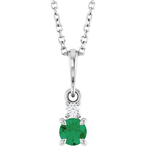 14K White Gold Lab-Grown Emerald & .03 CT Natural Diamond 16-18" Necklace