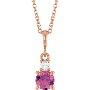 14K Rose Gold Natural Pink Tourmaline & .06 CT Natural Diamond 16-18" Necklace