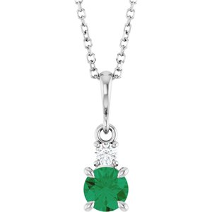 14K White Gold Lab-Grown Emerald & .06 CT Natural Diamond 16-18" Necklace