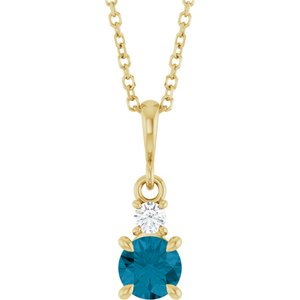 14K Yellow Gold Natural London Blue Topaz & .06 CT Natural Diamond 16-18" Necklace