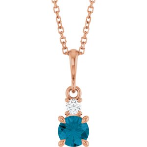 14K Rose Gold Natural London Blue Topaz & .06 CT Natural Diamond 16-18" Necklace