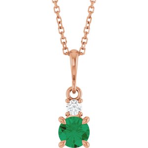 14K Rose Gold Lab-Grown Emerald & .06 CT Natural Diamond 16-18" Necklace