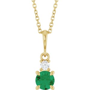 14K Yellow Gold Lab-Grown Emerald & .06 CT Natural Diamond 16-18" Necklace