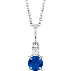 14K White Gold Lab-Grown Blue Sapphire & .06 CT Natural Diamond 16-18" Necklace