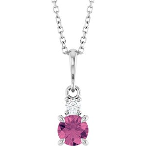 14K White Gold Natural Pink Tourmaline & .06 CT Natural Diamond 16-18" Necklace