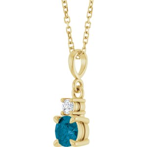 14K Yellow Gold Natural London Blue Topaz & .06 CT Natural Diamond 16-18" Necklace