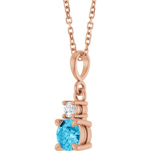 14K Rose Gold Natural Aquamarine & .06 CT Natural Diamond 16-18" Necklace