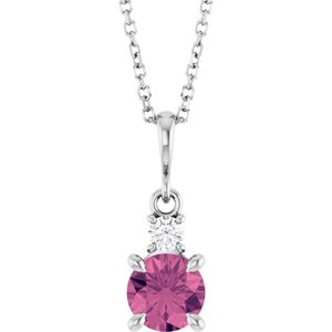 14K White Gold Natural Pink Tourmaline & .07 CT Natural Diamond 16-18" Necklace